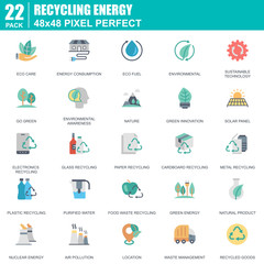 Flat recycling, environmental protection, eco care icons set for website and mobile site apps. Contains such Icons as Eco, Innovation. 48x48 Pixel Perfect. Editable Stroke. Vector illustration.