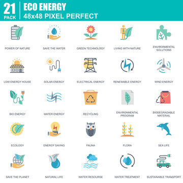 Flat environment, renewable energy technology icons set for website and mobile site apps. Contains such Icons as Eco, Green Technology. 48x48 Pixel Perfect. Editable Stroke. Vector illustration.