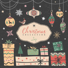 Christmas gift boxes and tree balls. Hand drawn illustration. Design elements.