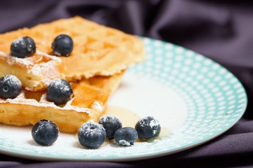 Waffles with blueberries sprinkled with powdered sugar and honey