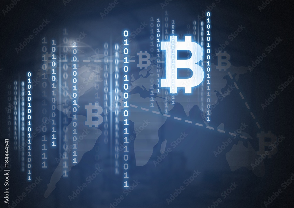 Poster bitcoin icons and binary code on world map