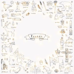 Hand drawn doodle Canada icons set Vector illustration isolated symbols collection of canadian symbols Cartoon elements: bear, map, flag, maple, beaver, deer, goose, totem pole, horse, hockey, poutine