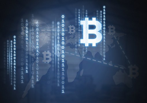 Bitcoin icons and binary code on world map