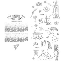 Hand drawn doodle Hawaii icons set Vector illustration isolated symbols collection of hawaiian symbols Cartoon elements: USA state map Honolulu State Hula girl Surfing guy Volcano Guitar Paradise Art