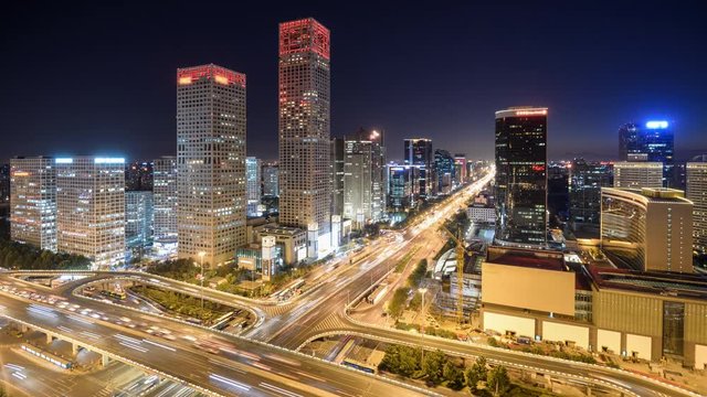 Timelapse. CBD Skyscrapers with Overpass Traffic at Night,Beijing,China.