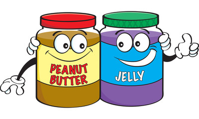 Cartoon illustration of peanut butter and jelly jars.