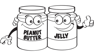 Black and white illustration of peanut butter and jelly jars.