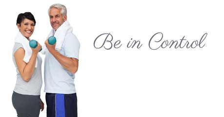 be in control text and fitness couple lifting weights