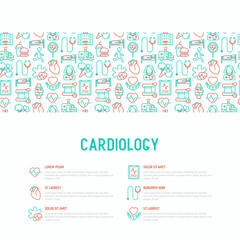 Fototapeta na wymiar Cardiology concept with thin line icons set: cardiologist, stethoscope, hospital, pulsometer, cardiogram, heartbeat. Modern vector illustration for banner, web page, print media.