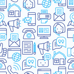 Contact us seamless pattern with thin line icons of telephone, fax, operator call center, e-mail, chat bot, pointer, feedback. Modern vector illustration.