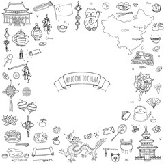 Hand drawn doodle China icons collection Vector illustration Sketchy Chinese icons set. Welcome to China, Tea Ceremony, National Food, Lantern Dim Sum, Dragon, Landmark, Map, Asian architecture