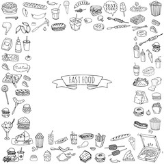 Hand drawn doodle Fast food icons set. Vector illustration. Junk food elements collection. Cartoon snack various sketch symbol: soda, burger, potato,hot dog, pizza, tacos, sweet desert, donut, popcorn
