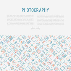 Fototapeta na wymiar Photography concept with thin line icons of photographer, film, crop, flash, focus, light, panorama. Vector illustration for banner, web page, print media.