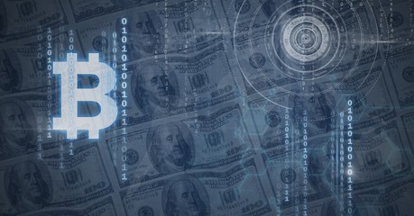 bitcoin graphic icon and dollar notes
