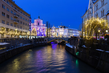 Franciscan Church of the Annunciation, Ljubljana, Slovenia on a christmas day at dawn