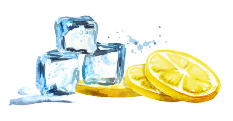 Ice cubes and lemon isolated on white background. Watercolor hand drawn horizontal illustration