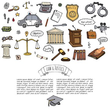 Hand drawn doodle Law and Justice icons set Vector illustration law sketchy symbols collection Cartoon concept elements suitable for info graphics, websites and print media. Police car Handcuffs Bible