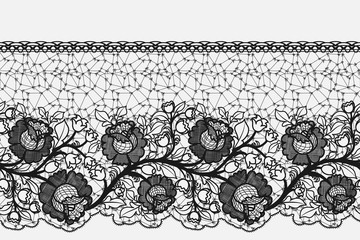 Seamless Lace band with roses. Openwork of black flowers with lacy mesh on white background.