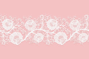 Obraz na płótnie Canvas Lace horizontal seamless openwork roses. White lacy mesh on a pink background.