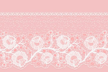 Lacy horizontal seamless single-sided ribbon with embroidered roses. White lace on a pink background.