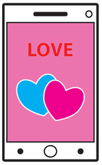Mobile phone, Cell phone or smartphone with image for Valentine or Valentines Day. Hearts or heart shapes. Concept for love, passion, valentine, Valentines day isolated on white background.