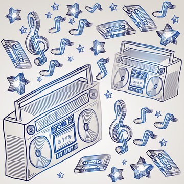 Boom boxes and notes - doodle drawn music design Stock Vector | Adobe Stock