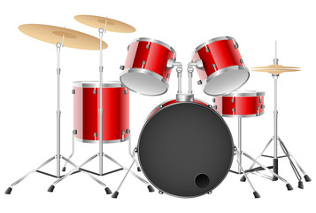 Realistic red drum set on a white background. Vector illustration