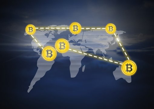 Bitcoin icons connecting on world map network