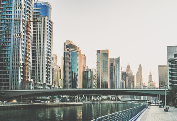 Plakat Dubai. The waterfront of Dubai Marina in the early morning. Toning instagram. 