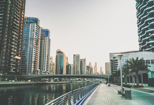 Dubai. The waterfront of Dubai Marina in the early morning. Toning instagram.
