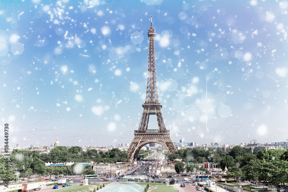 Wall mural Eiffel Tower and Paris skyline at winter day, France