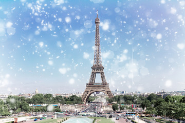 Eiffel Tower and Paris skyline at winter day, France
