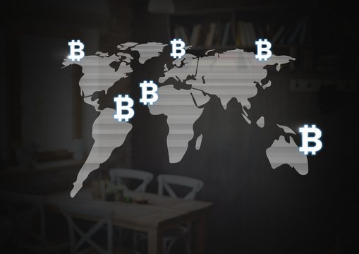 Bitcoin icons on world map