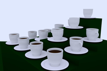3D-Rendering von vielen weißen Kaffeetassen mit Untertasse 