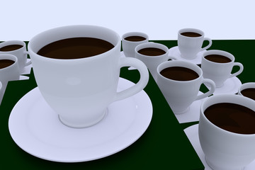 3D-Rendering von vielen weißen Kaffeetassen mit Untertasse 