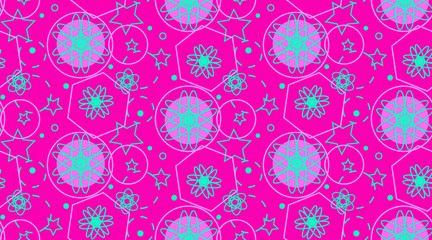 Seamless pattern with blue circles, atoms and stars, canted striped lines