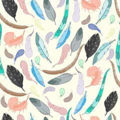Seamless Pattern with Ethnic Feathers, hand drawn vector illustration, can be used for wallpaper, web page background, greeting cards, fabric print
