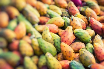 Prickly pears of the variety called bastardoni on the table of a street seller in Catania, Italy.