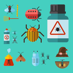 Home pest control expert vermin exterminator service insect thrips equipment flat icons vector illustration.