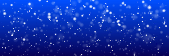 Christmas panoramic background. White snow flakes on a blue background. New Year`s illustration.