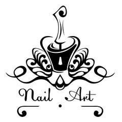 Nail art abstract vector logo bottle of nail polish with a brush, nail decoration with decorative patterns.