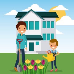 woman and boy watering flowers garden home vector illustration