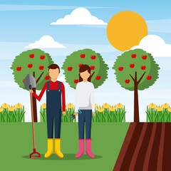 couple gardener standing in garden with equipment vector illustration