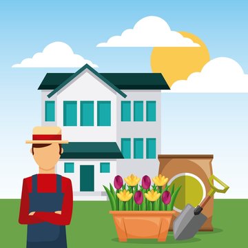 man gardener in garden house with shovel and sack of fertilizer vector illustration