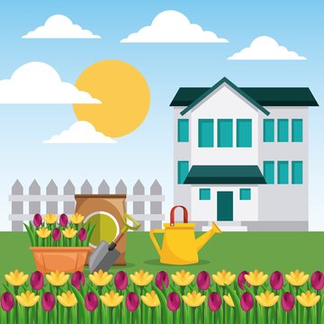 house garden fence potted flowers watering can and sack fertilizer vector illustration