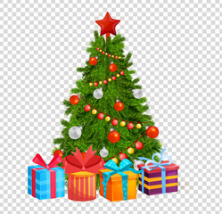 Obraz na płótnie Canvas Christmas tree with beautiful balls, decorations. Gifts under christmas tree.