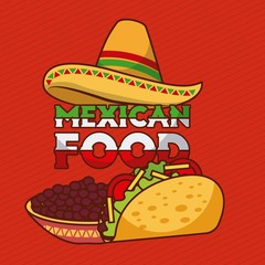 mexican food tacos and beans in bowl with hat decoration vector illustration