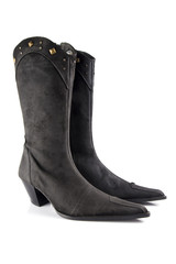 Female black leather boot on white background, isolated product, comfortable footwear.