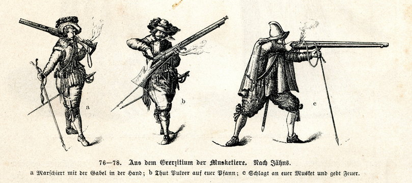Musketeer load his weapon and shoot (from Spamers Illustrierte Weltgeschichte, 1894, 5[1], 144)