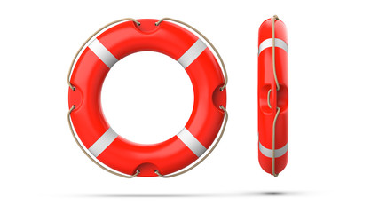 Top view of lifebuoy, isolated on a white background with shadow. 3d rendering of orange life ring...